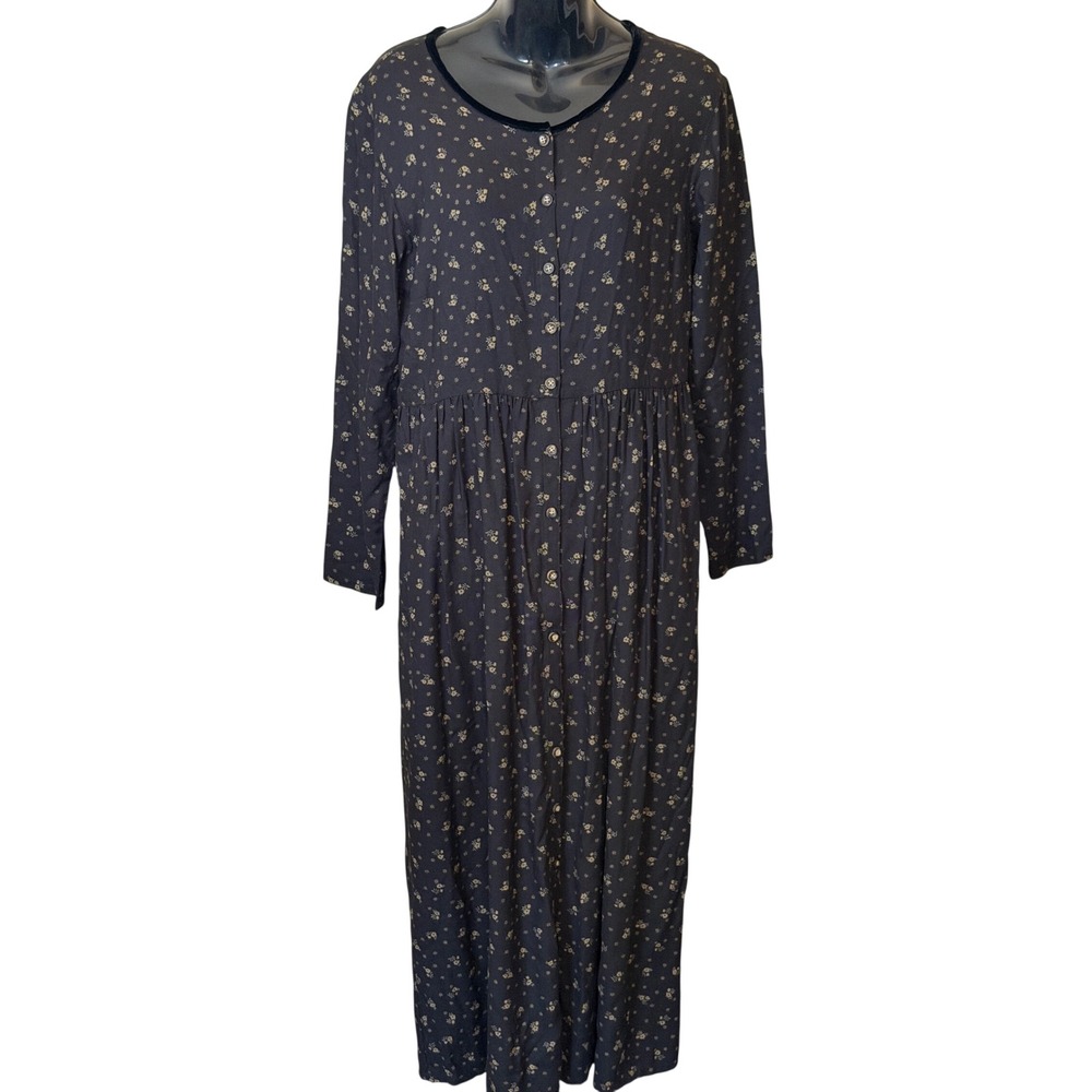 Eddie Bauer Floral Maxi Dress Long Sleeve Button Front Black Cottagecore S